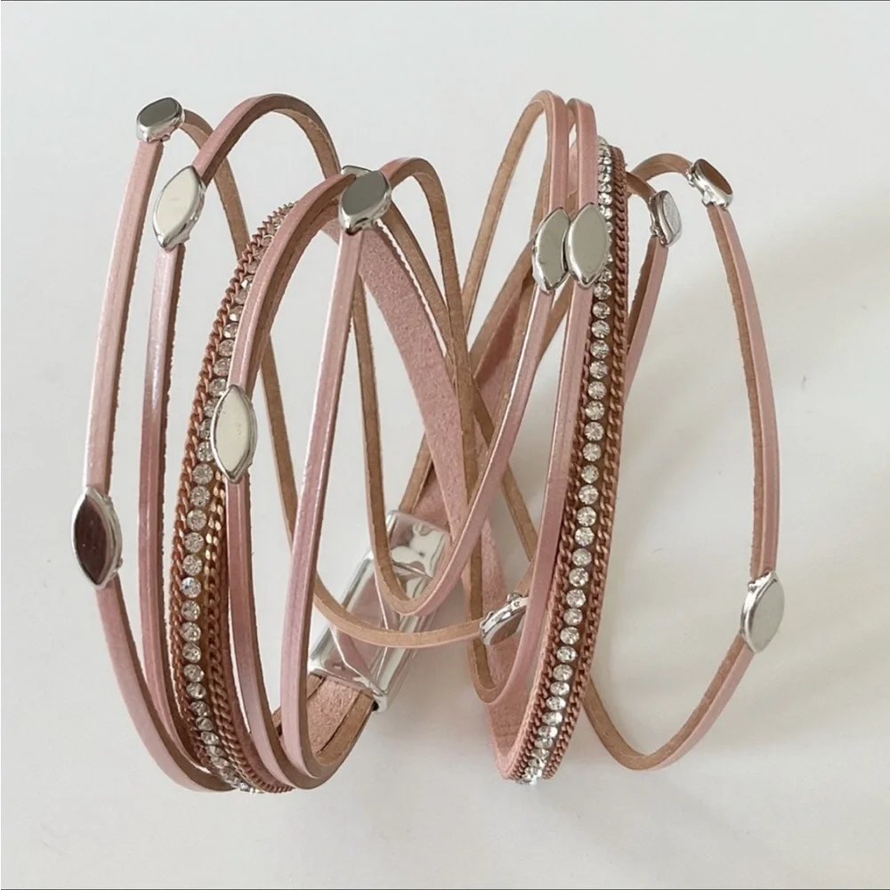 Genuine leather pink wrap bracelet with magnetic closure. New - Picture 4 of 8